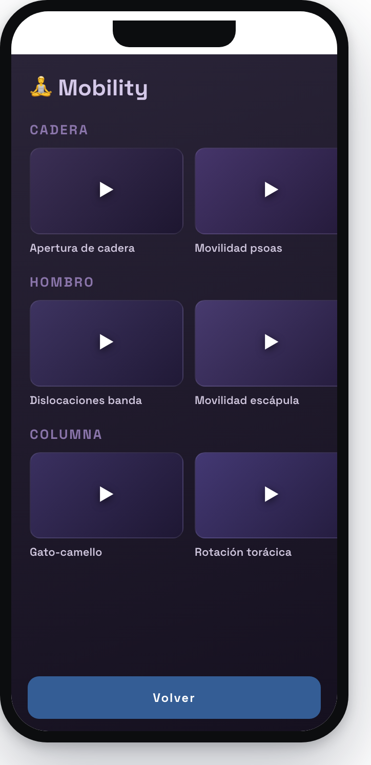 Pantalla Mobility de UW128: catálogo de vídeos por zonas (cadera, hombro, columna)