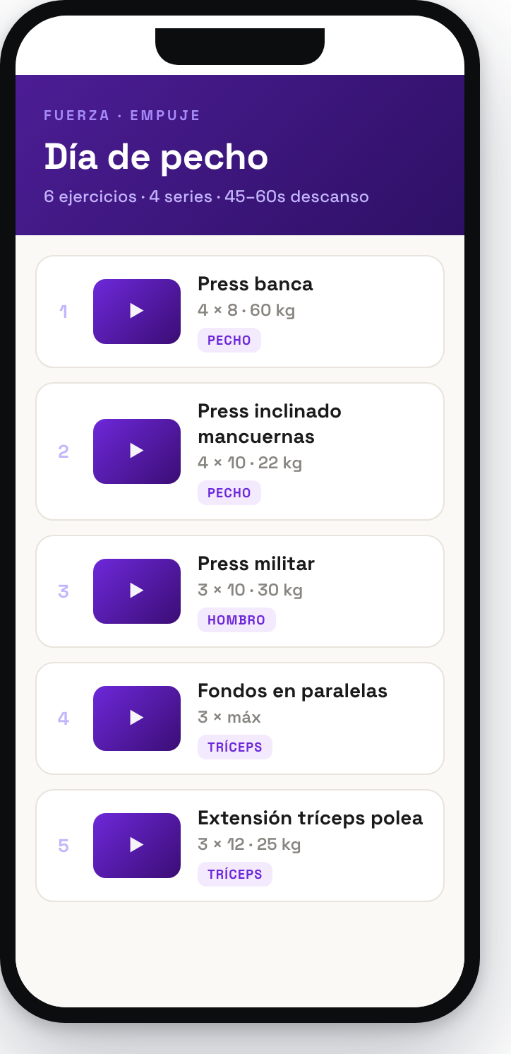 Pantalla de Musculación de UW128: rutina Día de pecho con ejercicios en vídeo, series y pesos