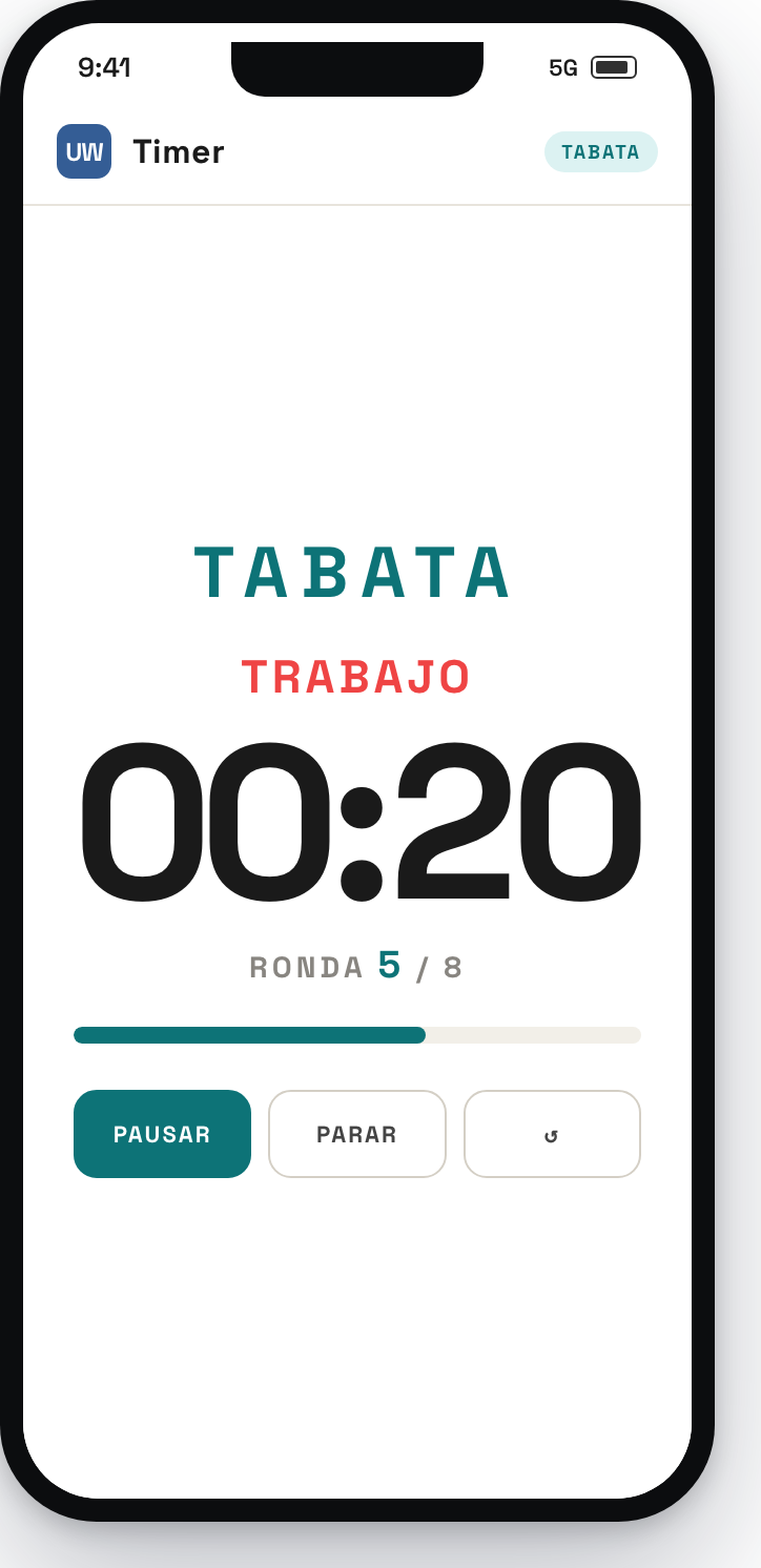 Pantalla Timer de UW128: Tabata con cuenta atrás, rondas y controles